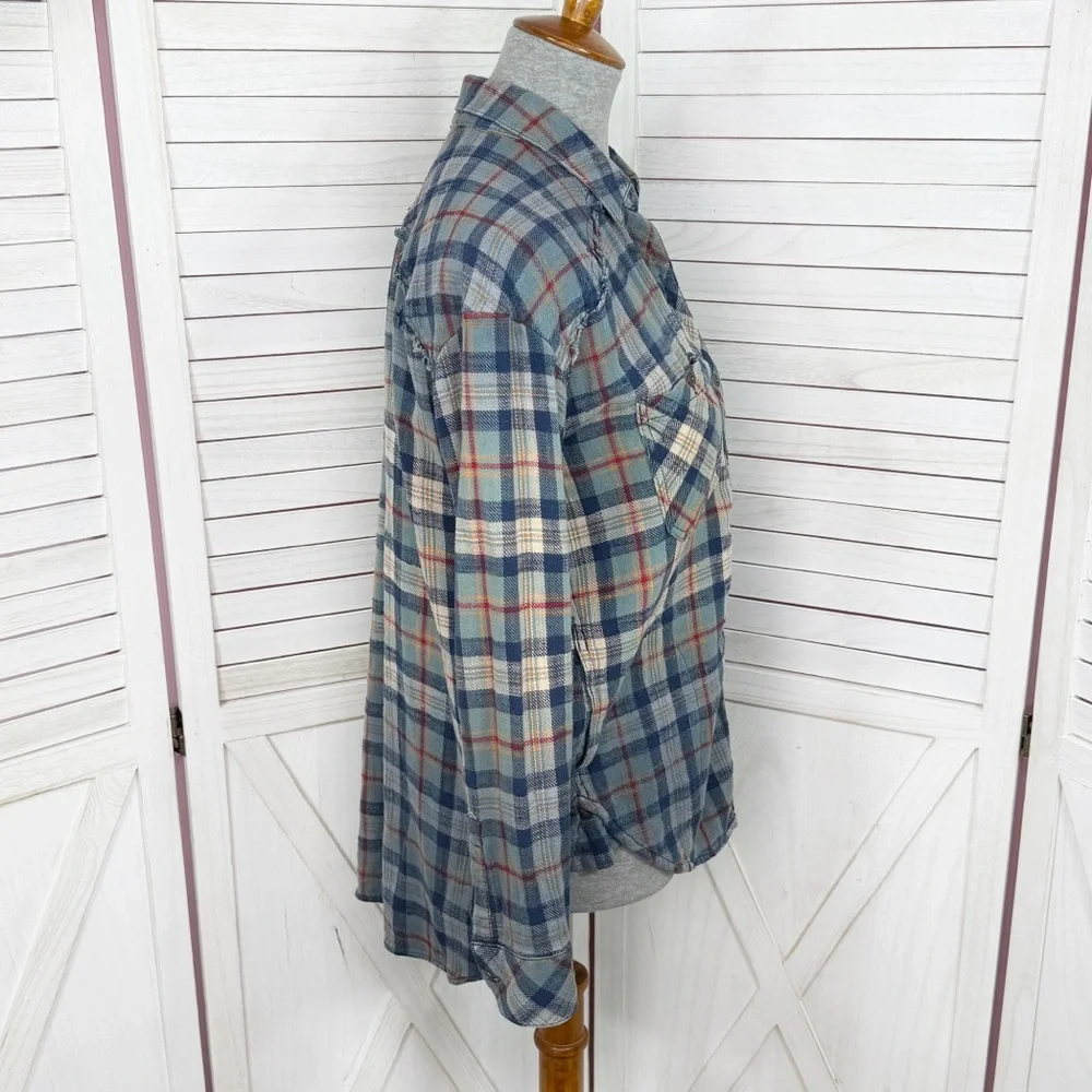 Vintage Free People Plaid Raw Hem Flannel Shirt‎ Ombre Blue Multi XS XSmall